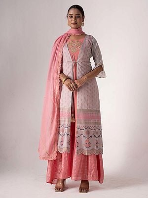 Art Silk Sweet-Pink Designer Embroidery Work On Neck Kurta With Jacket And Attractive Dupatta