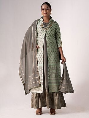 Warm-Grey Floral Designer Embroidery Work Art Silk Kurta With Jacket And Attractive Dupatta