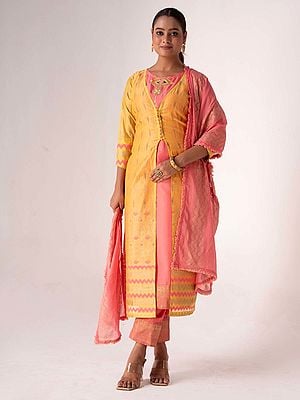 Coral-Pink Designer Embroidery Work Salwar Art Silk Suit With Jacket And Attractive Dupatta For Casual Occasion