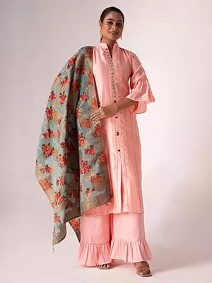 Tussar Silk Striped Pattern Embroidery Work Designer Salwar Suit With Attractive Floral Tassels Dupatta