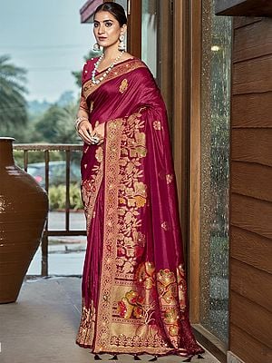 Attractive Contrast Floral Border Designer Party Wear Silk Saree With Tassels Pallu