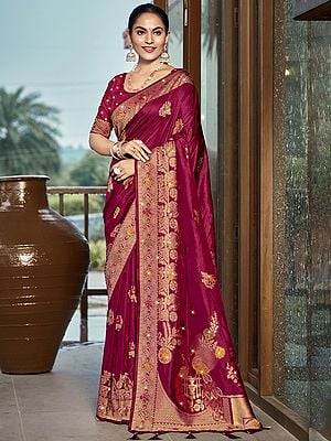 Broad Border Floral Wedding Wear Silk Saree With Attractive Peacock Motifs Pallu