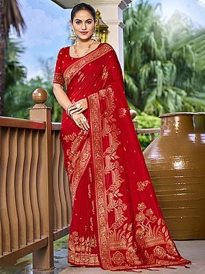 Festive Wear Floral Silk Saree With Attractive Peacock Motifs Tassels Pallu