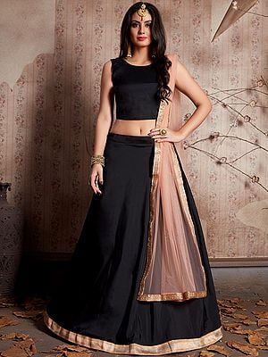 Black Solid Designer Party Wear Taffeta Silk Lehenga Choli With Soft Net Lace Work Dupatta