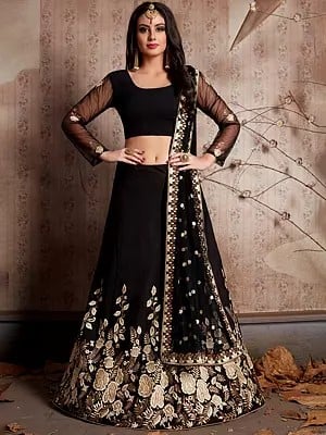 Black Floral Embroidery Work Embellished Party Wear Crepe Lehenga Choli With Matching Dupatta