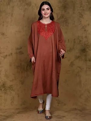 Pecan-Brown Wool Kashmiri Phiran with Paisley Sozni Hand-Embroidery