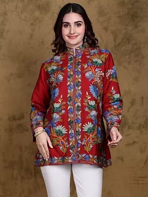 Jester-Red Silk Mandarin Collar Short Jacket with All-Over Aari Embroidered Floral