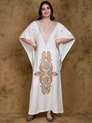 Snow-White Cotton Long Kaftan from Kashmir with Paisleys Aari Embroidery