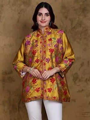 Lemon-Curry Art Silk Mandarin Collar Short Jacket from Kashmir with Floral Aari Embroidery