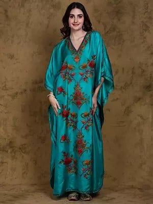 Dynasty-Green Pure Silk V-Neck Long Kaftan from Kashmir with Aari Embroidered Flowers