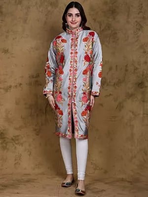 Arctic-Ice Art Silk Mandarin Collar Kashmiri Long Jacket with All-Over Aari Embroidered Giant Floral Vine