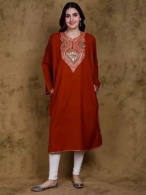 Bombay-Brown Wool Phiran from Kashmir with Tilla Embroidery and Side Pockets