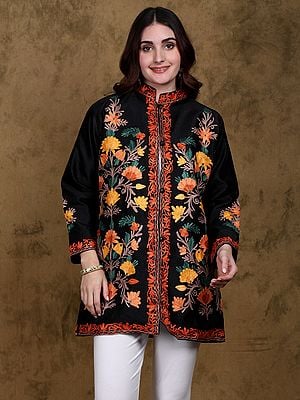 Charcoal-Black Aari Embroidered Short Jacket with Multicolor Floral from Kashmir