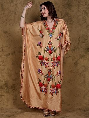 Honey-Peach Pure Silk Floral Embroidered Long Kaftan From Kashmir