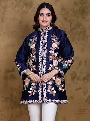 Navy-Peony Art Silk Mandarin Collar Kashmiri Short Jacket with Aari Embroidered Flowers