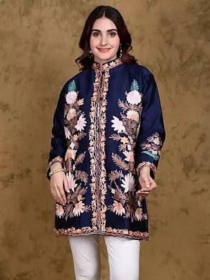 Bellwether-Blue Art Silk Mandarin Kashmiri Short Jacket with Aari Embroidered Flowers