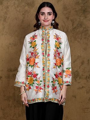 Star-White Mandarin Collar Art Silk Short Jacket with Aari-Embroidered Multicolor Flowers