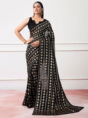 Black Georgette Floral Sequins Work Party Wear Designer Saree With Blouse