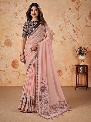 Crepe Satin Silk Thread Sequins And Cord Embroidered With Stone Work Saree