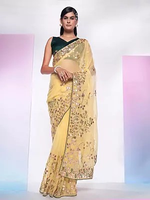 Chalky Simar Heavy Gota Embroidery Work Floral Party Wear Saree With Blouse