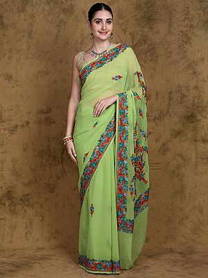 Macaw-Green Floral Aari Embroidered Georgette Saree from Kashmir