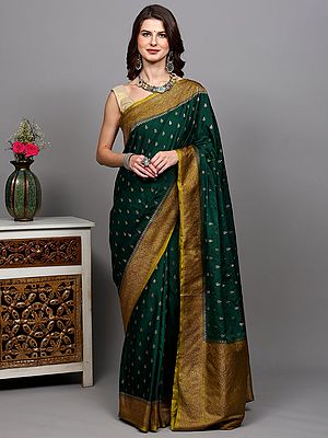Banarasi Saree with All-over Zari Woven Bootis and Floral Vine Contrast Border-Pallu