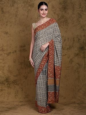 Solitary-Star Paisley Printed Saree with All-over Kantha and Sequins Embroidery