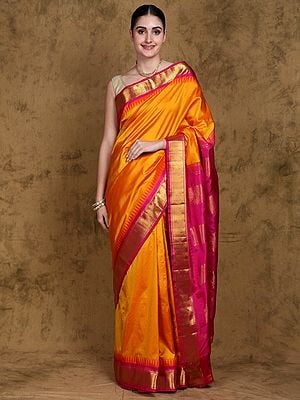 Radiant-Yellow Gajam Temple Border Pure Silk Saree from Kumbakonam with Zari work Border and Pallu