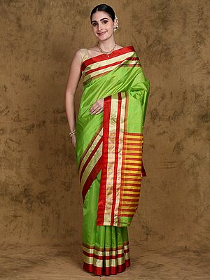 Lime-Green Pure Silk Garad Saree from Bengal with Stripes Anchal