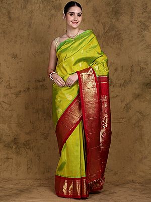 Apple-Green Pure Silk Bootis Woven Saree from Kumbakonam with Intricate Golden Thread work Border and Floral Pallu