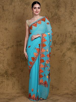 Blue-Curacao Georgette Saree from Kashmir Aari Embroidered Maple Leaves