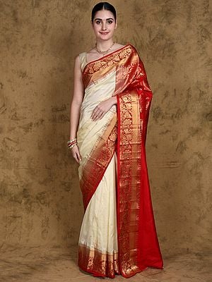 Ivory Pure Silk Temple Border Saree from Bangalore with Intricate Golden Zari work Peacocks Border