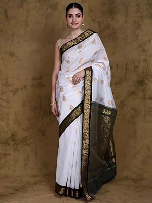 Bright-White Art Silk Zari Motifs Saree with Woven Hibiscus Floral Vine Border