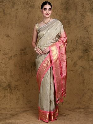 Moss-Gray Pure Silk Booti Motifs Saree with Zari Woven Contrast Border-Pallu from Kumbakonam