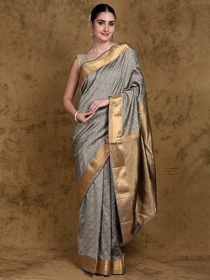 Steeple-Gray Paisley Thread work Pure Silk Saree from Bangalore with Zari Border