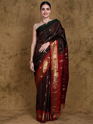 Deep-Forest Pure Silk Saree from Kumbakonam with Zari Woven Bootis and Red Contrast Pallu-Border