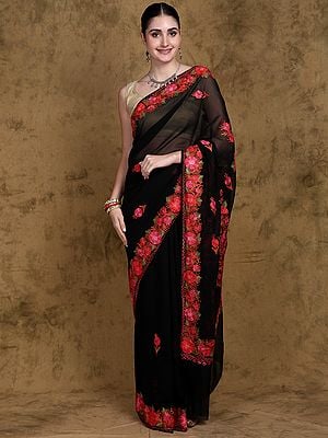 Black-Oyster Georgette Saree from Kashmir with Aari Embroidered Multicolor Flowers