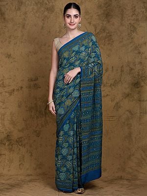 Mykonos-Blue Kantha Embroidered Crepe Saree with All-over Abstract Print and Sequins work