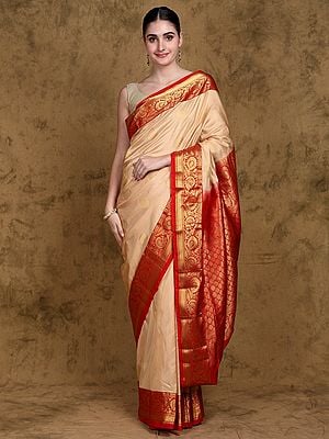 Honey-Peach Pure Silk Handloom Saree with Zari Woven Peacock Border from Bangalore