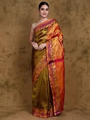 Fir-Green Pure Silk Saree from Bangalore with All-over Leaf Weave