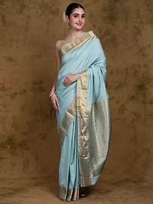 Bleached-Aqua Zari work Pure Silk Saree with Stripe Border from Bangalore