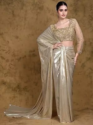 Ready to Wear Vintage Lycra Saree with Beads and Crystals Embroidered Floral Blouse