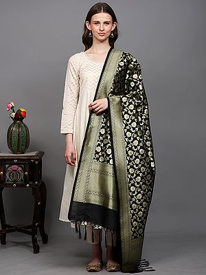Art Silk Dupatta with All-Over Floral Vines and Fringes
