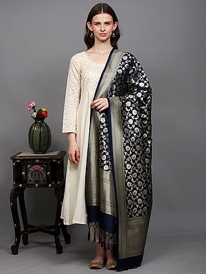 Art Silk Dupatta with All-Over Floral Vines and Fringes