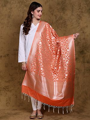 Art Silk Dupatta with All-Over Floral Vines and Fringes