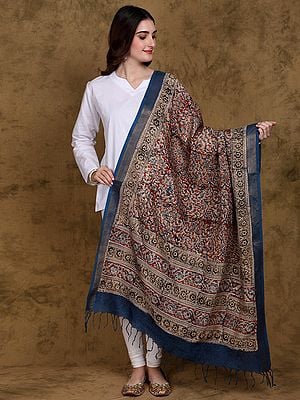 Multicolor Kalamkari Dupatta with Zari Border and Fringes