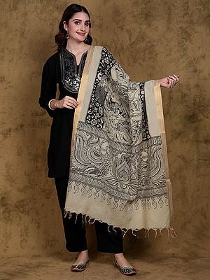 Kalamkari Dupatta with Zari Border and Hand-Painted Goddess Saraswati from Telangana