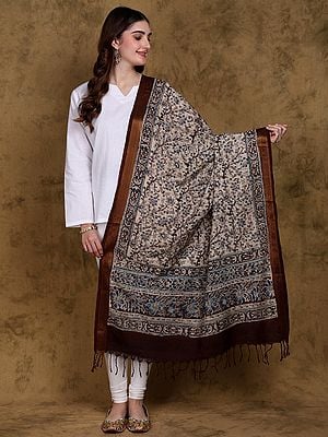 White-Pepper Flower Vine Printed Kalamkari Dupatta from Telangana with Zari Border