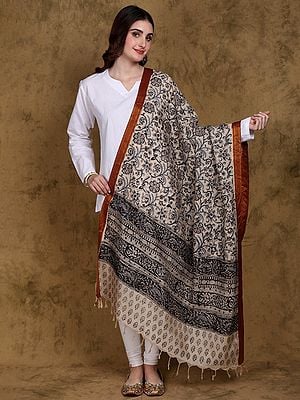 White-Pepper Kalamkari Dupatta from Telangana with Zari Border and Flower Vine Printed