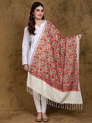 Ivory Shawl from Kashmir with Aari-Embroidered Floral Jaal